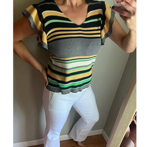 THML Anthropologie XS Navy Multi Striped Womens Sweater Ruffled Short Sl…